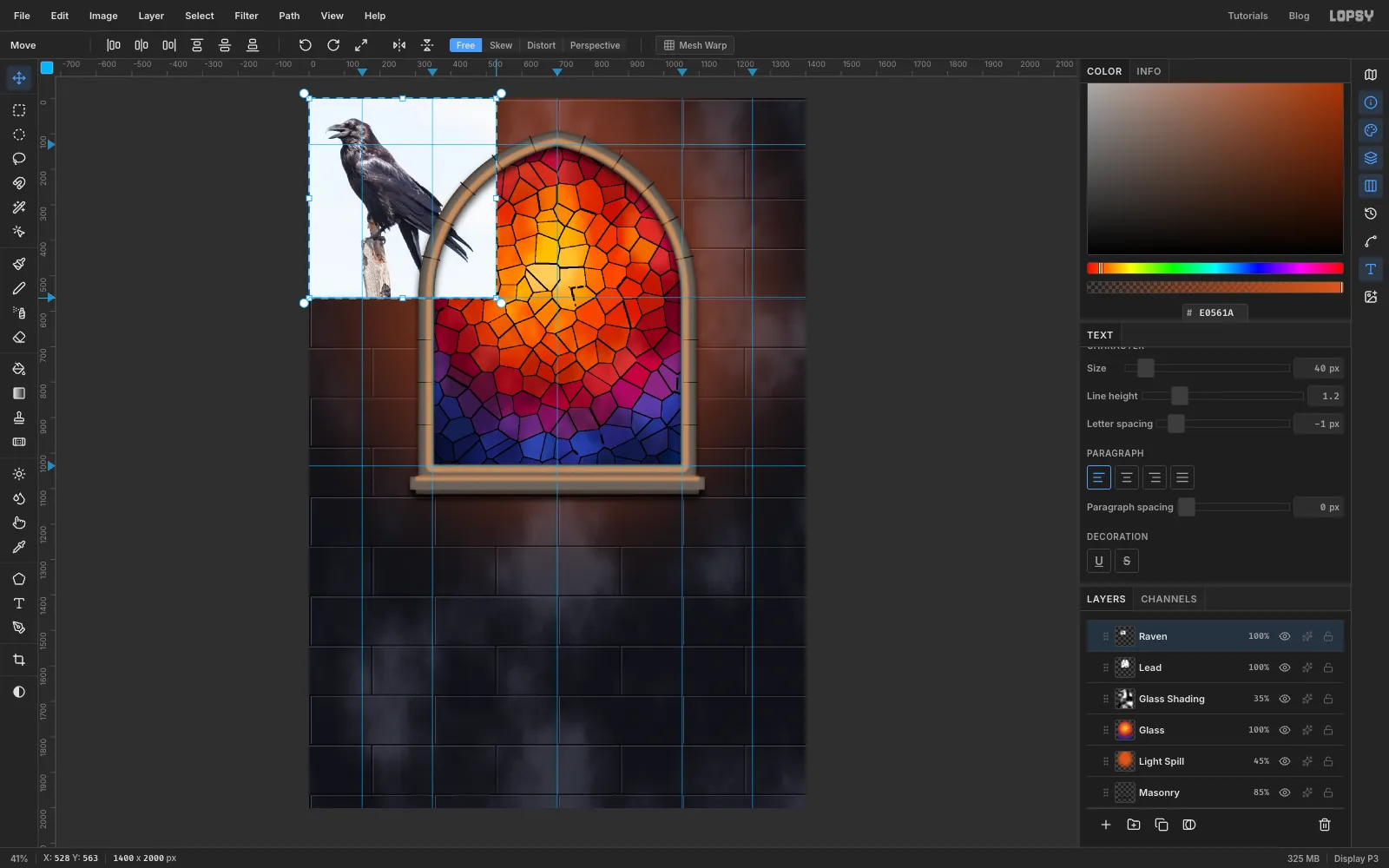 The raven photo pasted into the top-left corner of the canvas with transform handles, scaled down and ready to be dragged over the window