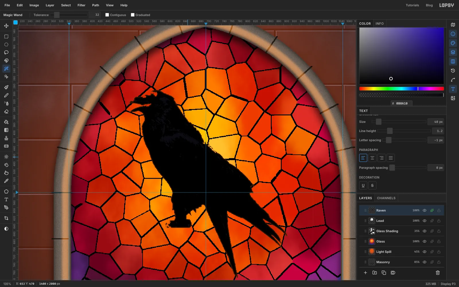 A close-up of the black raven silhouette over the glowing glass, with a faint orange rim along its edges