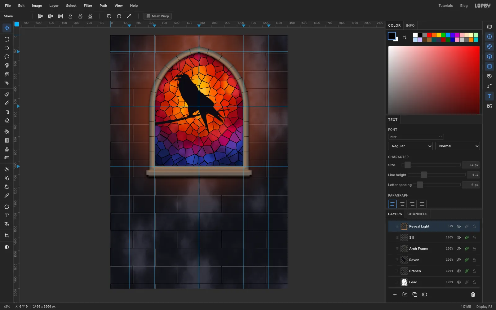 The Layers panel with the new Window group open, showing Reveal Light, Sill, Arch Frame, Raven, Branch and Lead, with the rest of the window layers below them