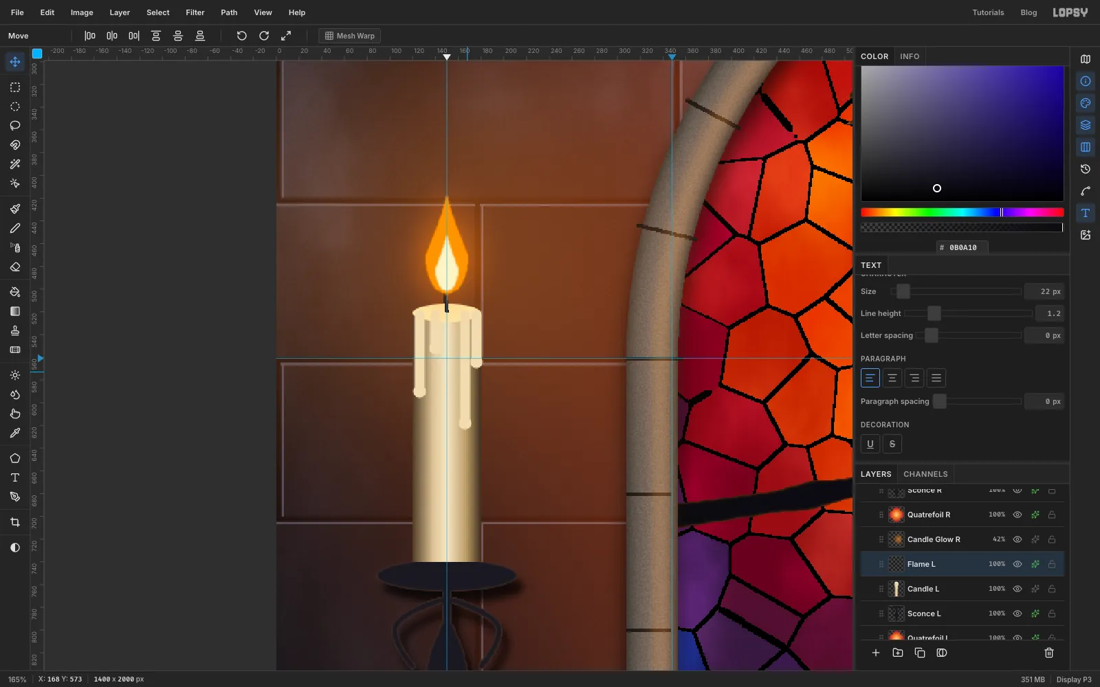 A close-up of the left candle: a cream wax pillar with drips, a teardrop flame with a pale core, a soft orange glow on the wall behind it and a wrought-iron sconce with a drip pan, scroll arms and a pointed backplate