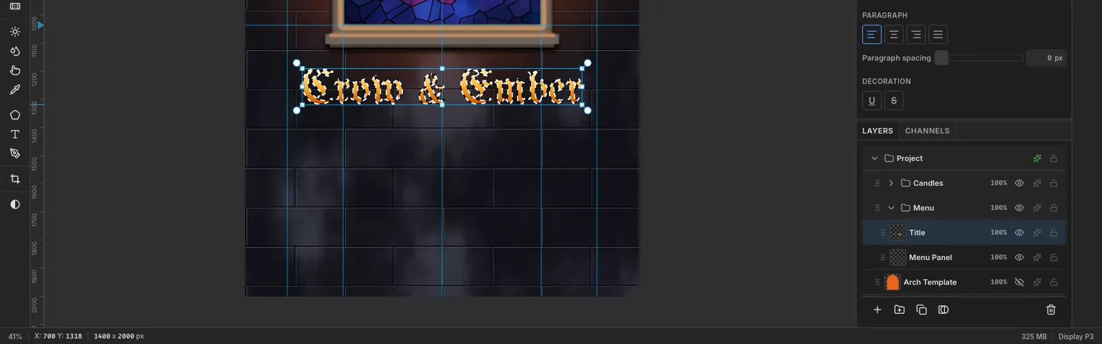 Crow & Ember in large blackletter below the window sill, filled with a gold-to-copper gradient and still selected, before its effects are added