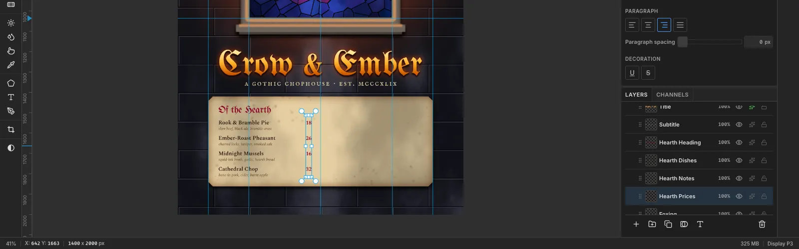 The left half of the panel with the blackletter heading Of the Hearth, four dish names in semibold serif, italic notes under each, and ruby prices aligned to the right