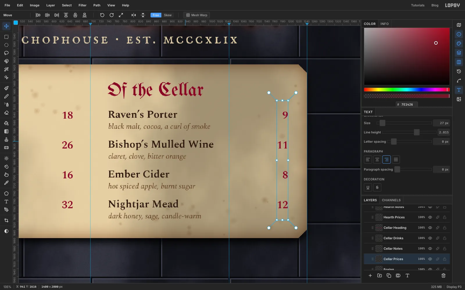 A close-up of the right column with the heading Of the Cellar, four drinks with italic notes and ruby prices right-aligned to the column edge
