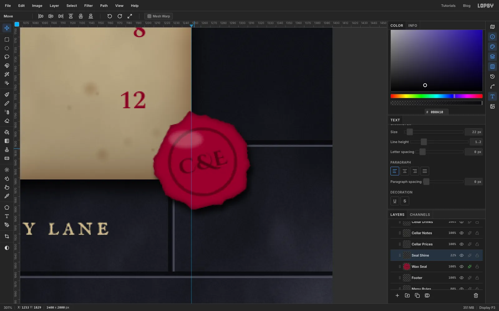 A close-up of the finished wax seal with a darker inner edge, a soft shadow on the parchment and a small glossy highlight on its upper left