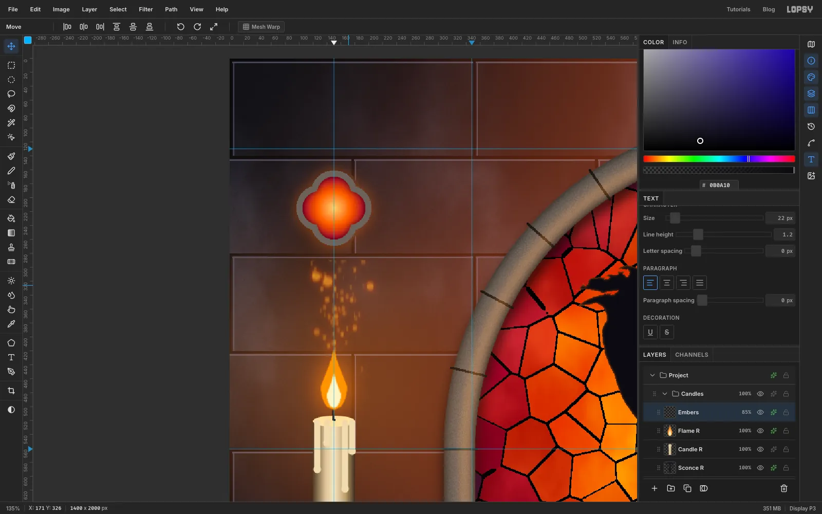 A close-up of the left candle with small orange sparks rising from the flame, densest just above it and thinning out towards the top of the wall