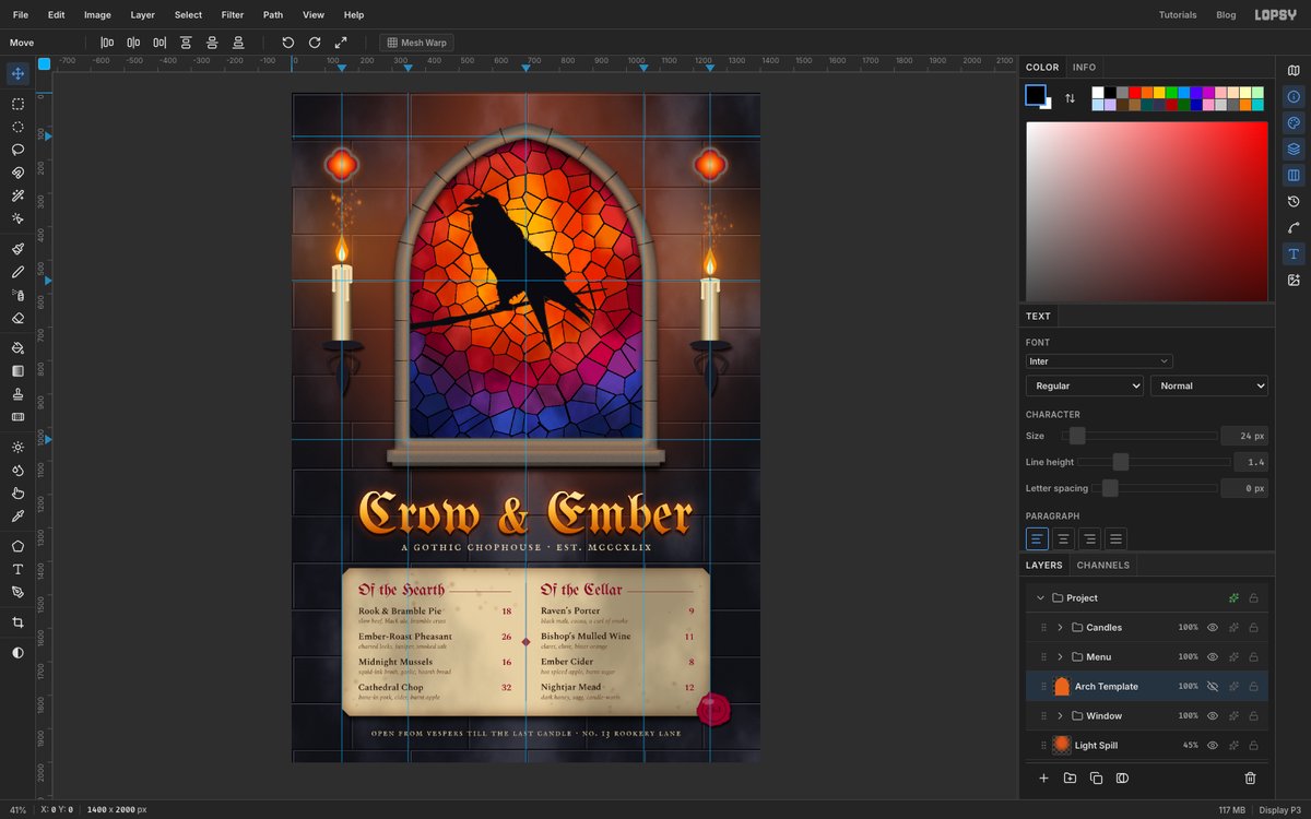 Lopsy at fit-to-screen zoom showing the finished Crow & Ember gothic menu, with a stained-glass arch window holding a raven silhouette, two candles in iron sconces, a gold blackletter title and a parchment menu panel, with the Layers panel open on the right