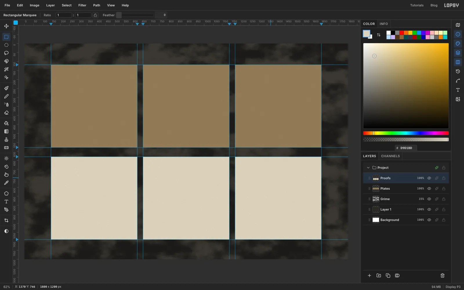 Three tan chipboard plates above three pale newsprint proof sheets on the dark bench