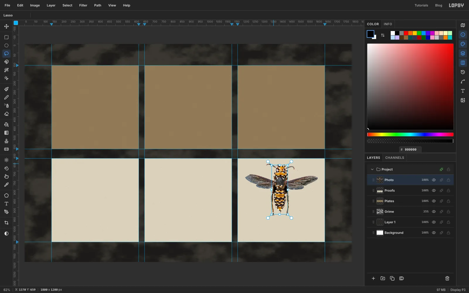 A non-contiguous wand selection of the hornet's yellow parts, outlined with marching ants