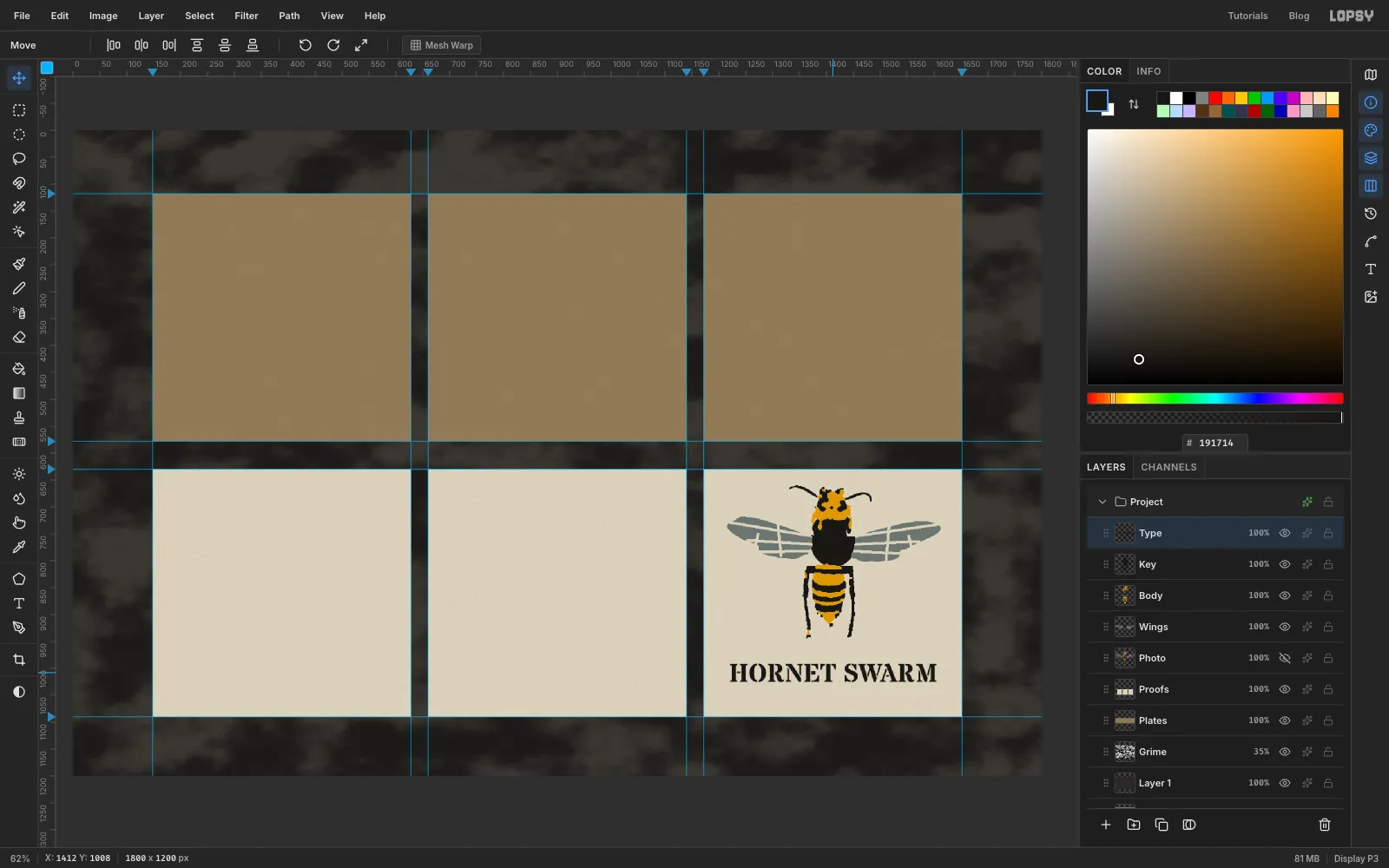The words HORNET SWARM in black stencil lettering centred under the hornet in the third proof