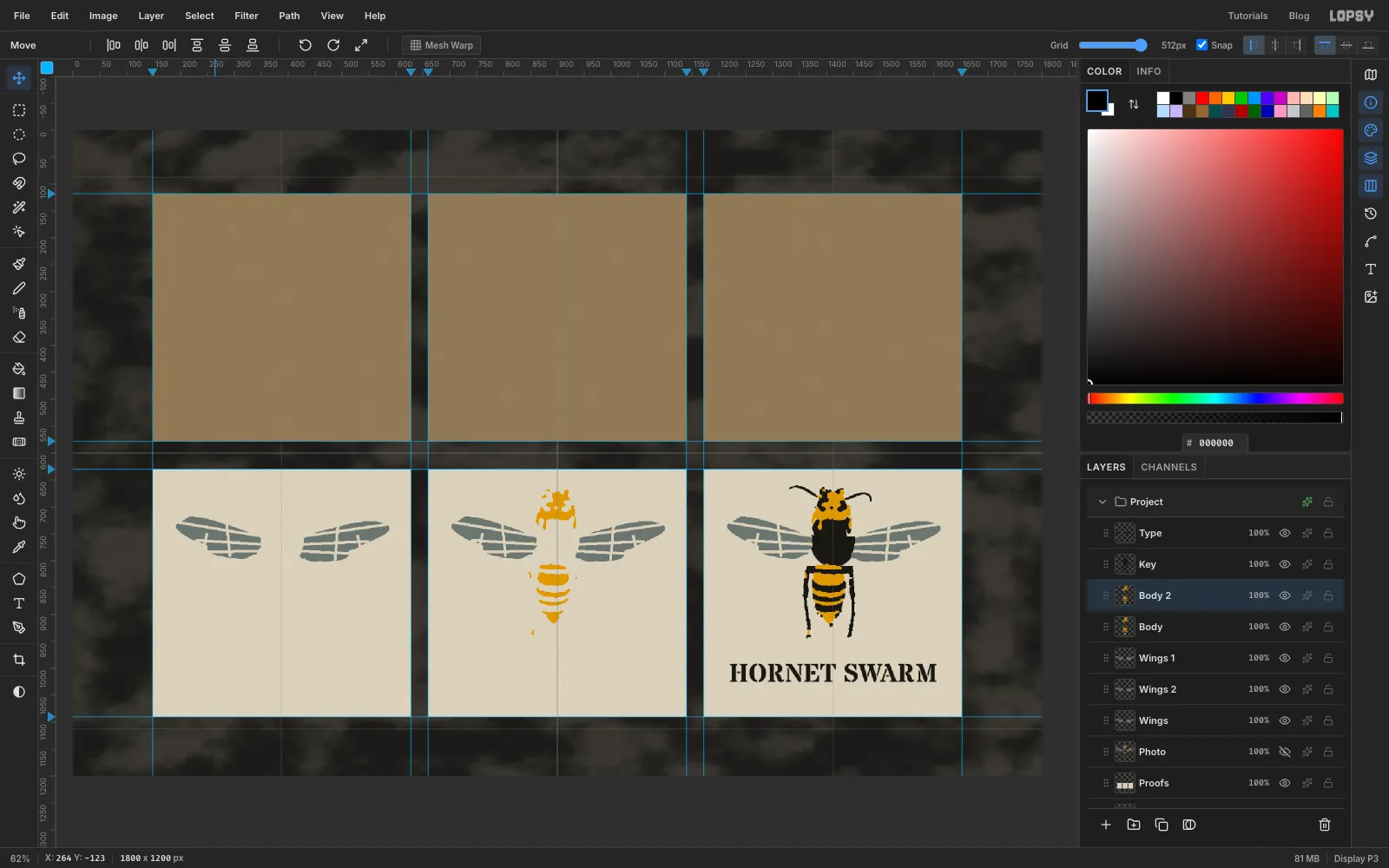 Three proofs: wings only, wings and body, and the full hornet with its lettering