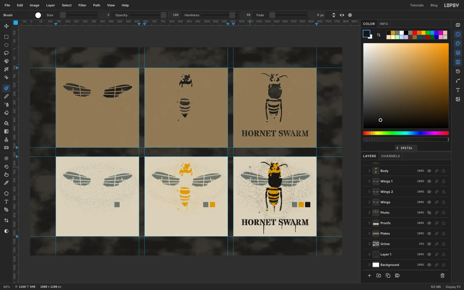 All three proofs with a soft fade of fine overspray around each hornet and a few fat droplets