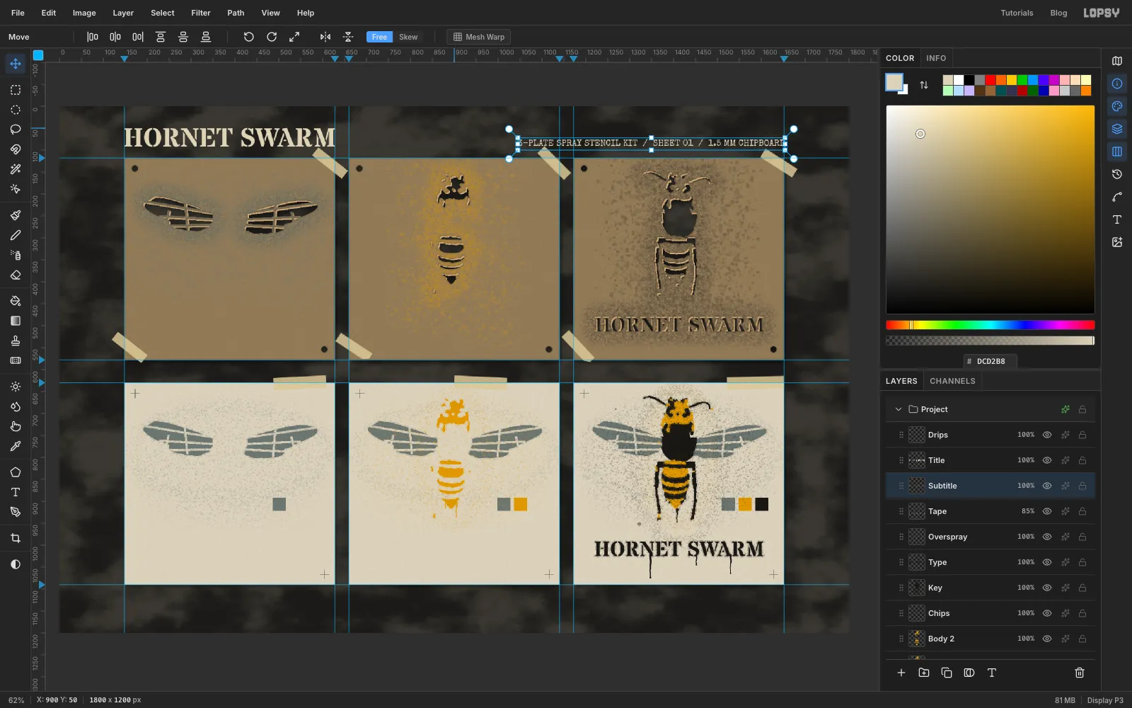 HORNET SWARM in bone stencil type top left, and the typed kit line top right
