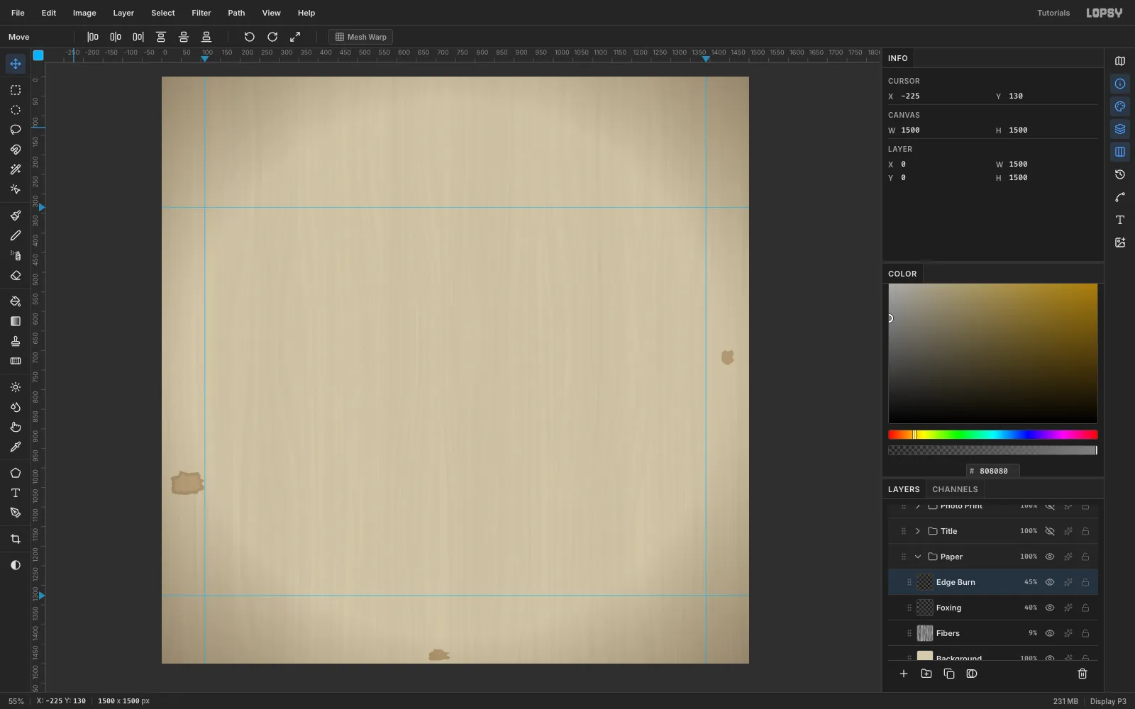A 1500 square canvas of warm manila paper with faint vertical fibres, a darkened edge and three small foxing stains