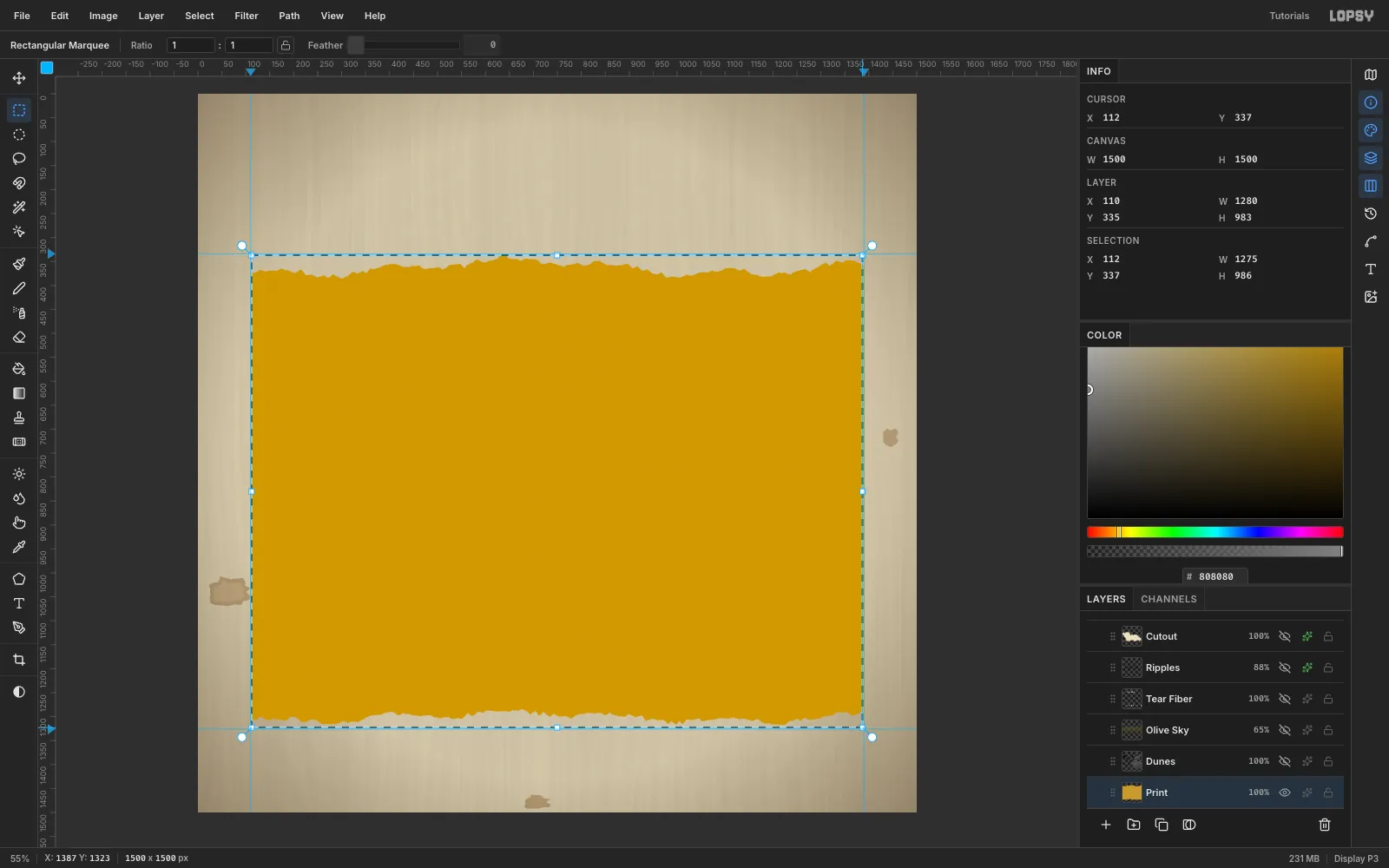 A snapped rectangular marquee filled with mustard between four blue guides, inset from the paper edges