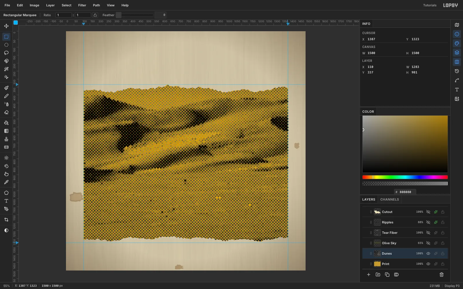 A desaturated desert dune photo turned into a coarse black 45 degree halftone over the mustard print, with the dune ridges still readable