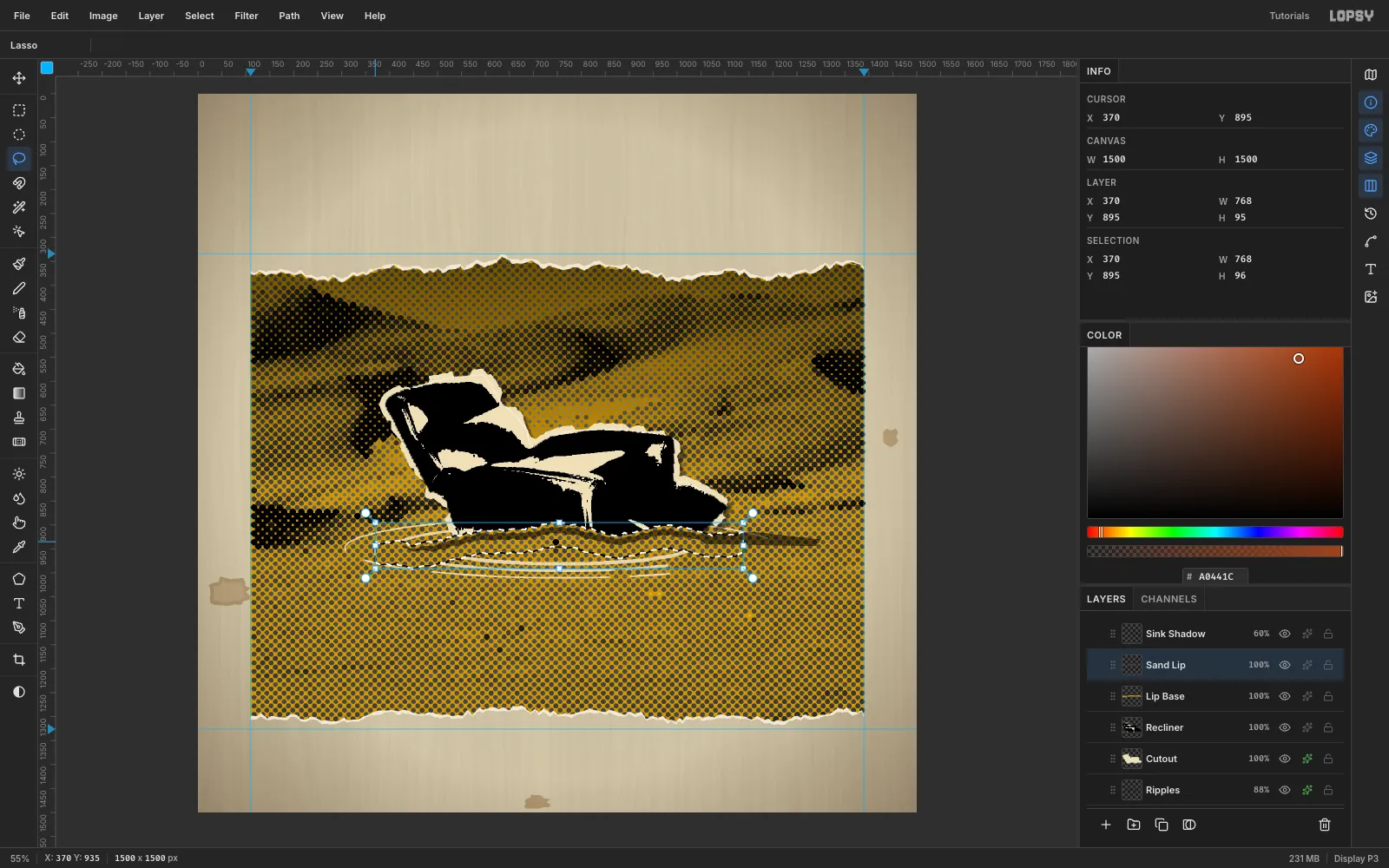 A jagged lasso over a band of sand copied from the dunes, lying across the base of the chair