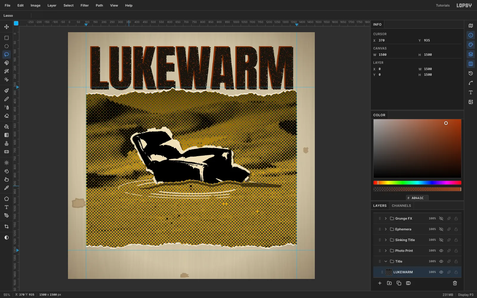 LUKEWARM in black Anton with hard toner speckle and a rust copy printed slightly up and to the left