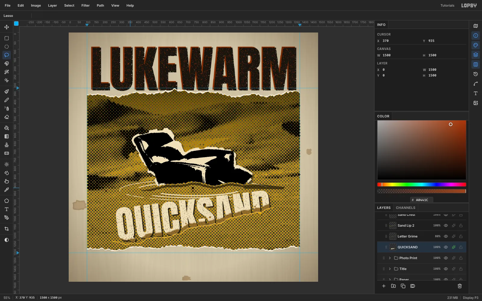QUICKSAND in cream Anton, tilted and cut off along a sloping sand line that buries the D deepest