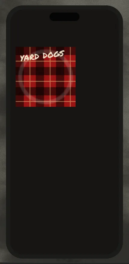 A red and black flannel-plaid album sleeve with thin cream pinstripes, a faint ring worn into it and yard dogs scrawled across the top, sitting near the top of the dark phone's screen