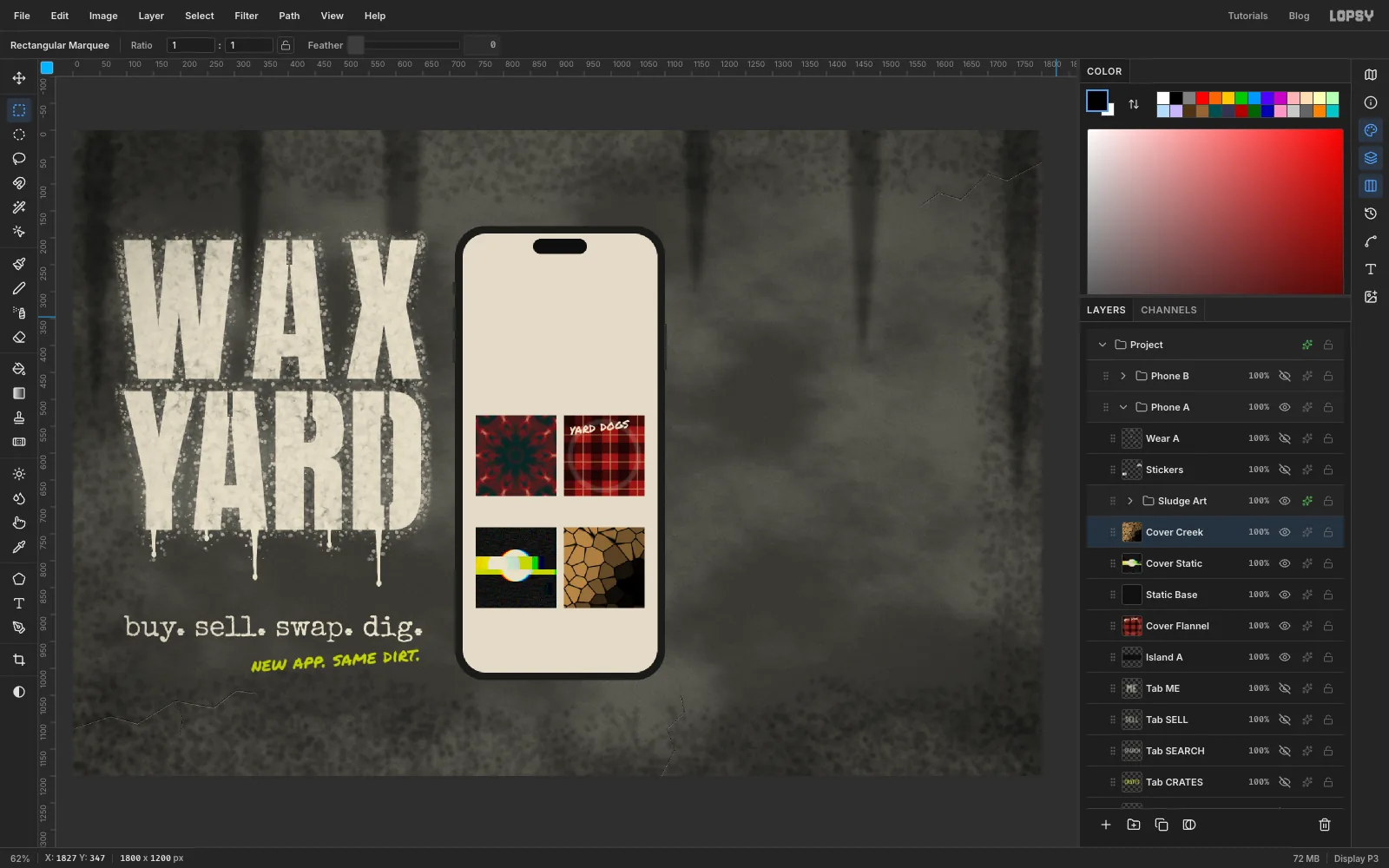 The light phone showing all four album covers: red-and-teal kaleidoscope, red flannel plaid, a black static cover with a glitched chartreuse bar and bone disc, and a tan cracked-mud cover