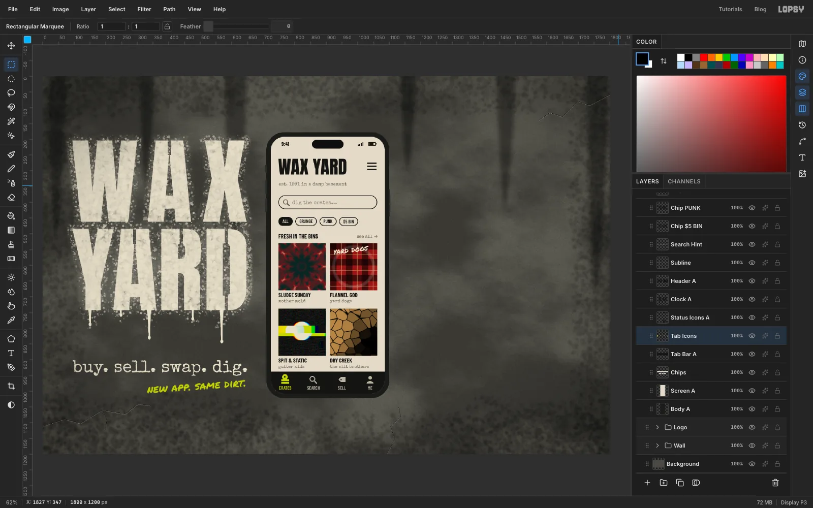 The light phone screen fully laid out: status bar, a big WAX YARD header with a menu icon, a typewriter subline, an outlined search bar, four filter chips, a FRESH IN THE BINS label, titled album covers and a black tab bar with a chartreuse CRATES tab