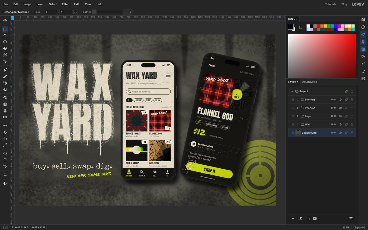 Lopsy at fit-to-screen zoom showing the finished Wax Yard app mockup, with the stencil-sprayed WAX YARD logo on a stained concrete wall, a light browse screen on an upright phone and a dark listing screen on a tilted phone, and the Layers panel open on the right