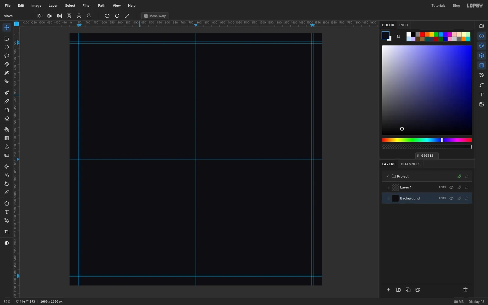 A 1600 by 1600 near-black canvas with ruler guides through the centre and pairs of guides near every edge