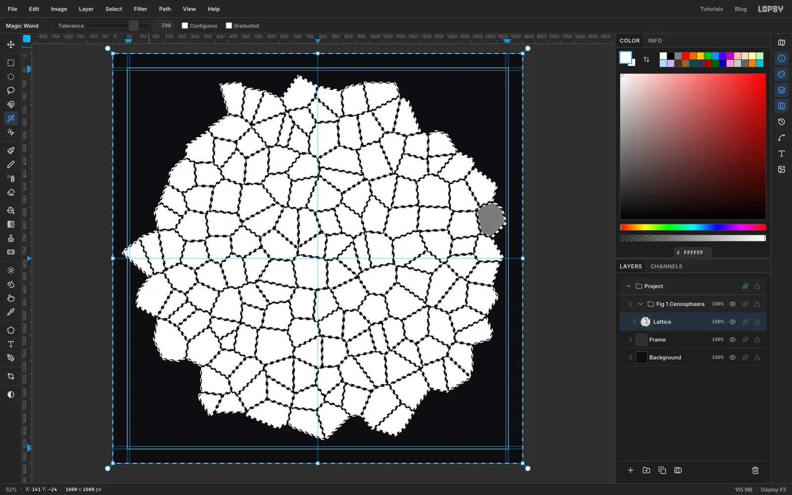 The disc with every white cell selected, marching ants running around the inside of each cell