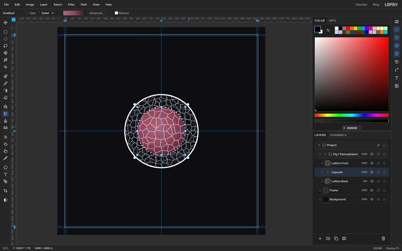 The sphere with a faint mirrored back net and a dusty rose capsule filled with a radial gradient inside it