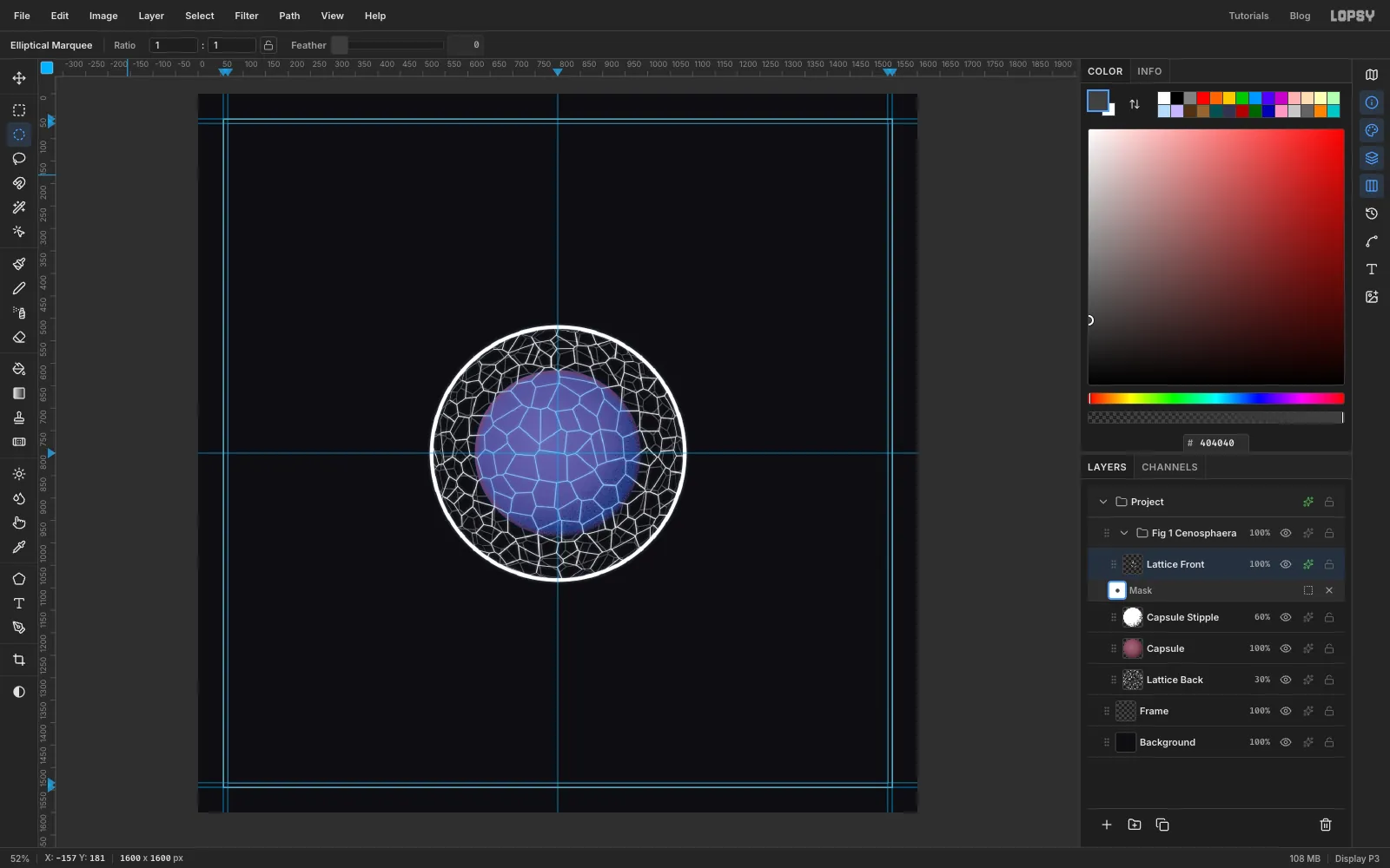 Mask editing on Lattice Front: a blue tint shows where the mask has been darkened over the capsule