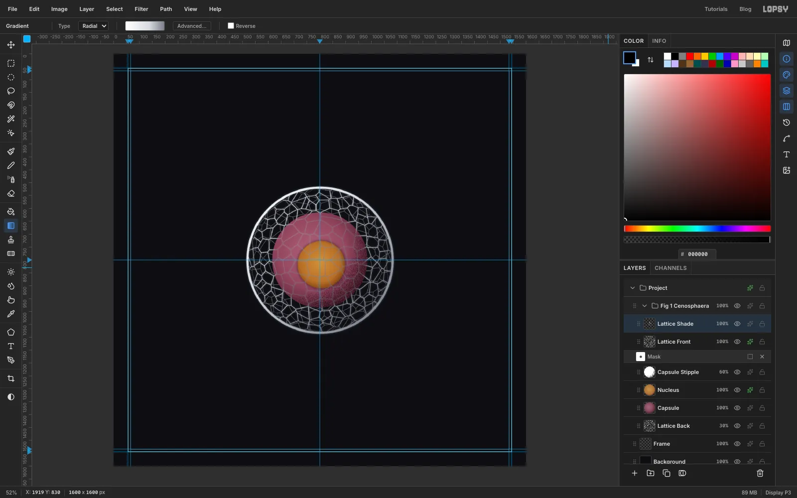 The front net darker towards the lower right and bright at the upper left, giving the sphere volume