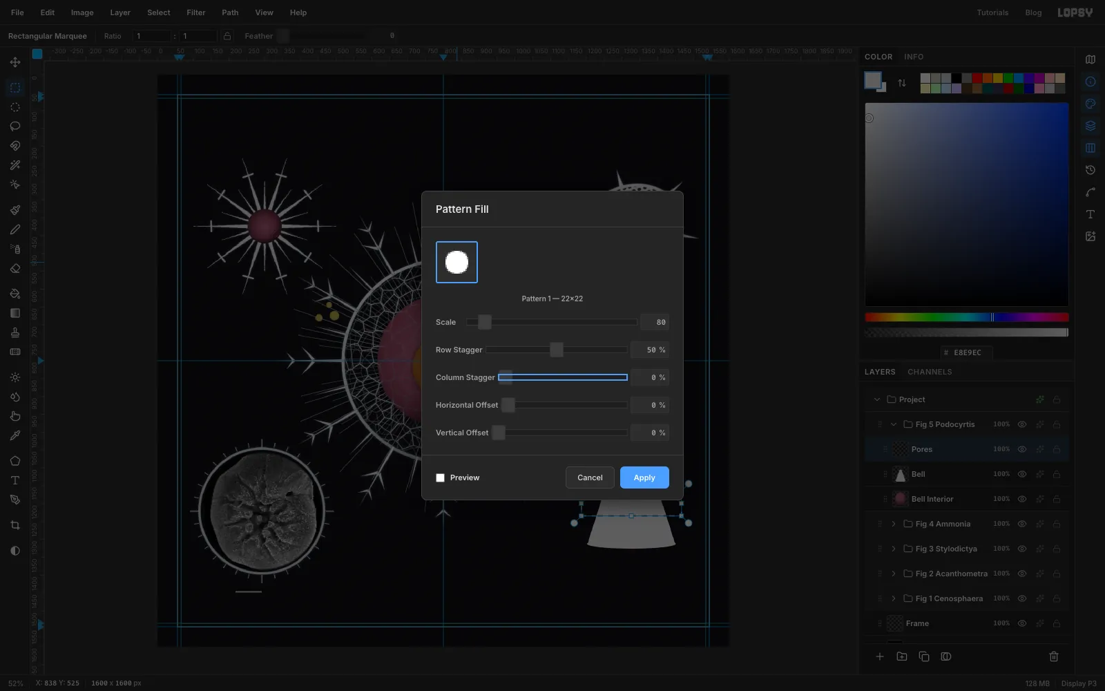 The Pattern Fill dialog with the pore pattern selected, Scale 80 and Row Stagger 50%