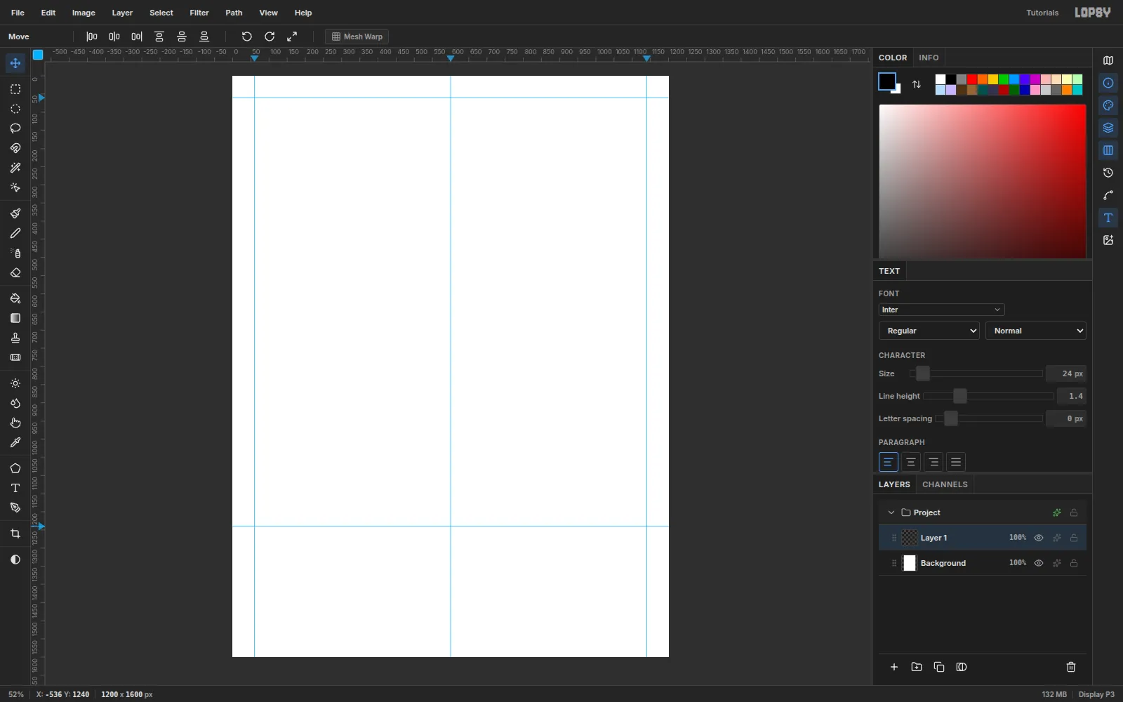 A blank 1200 by 1600 document with blue guides at x 60, 600 and 1140 and y 60 and 1240