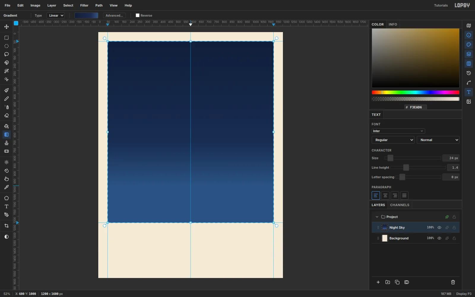 The canvas filled with cream paper and a navy rectangle with a vertical gradient from near-black at the top to slate blue at the bottom
