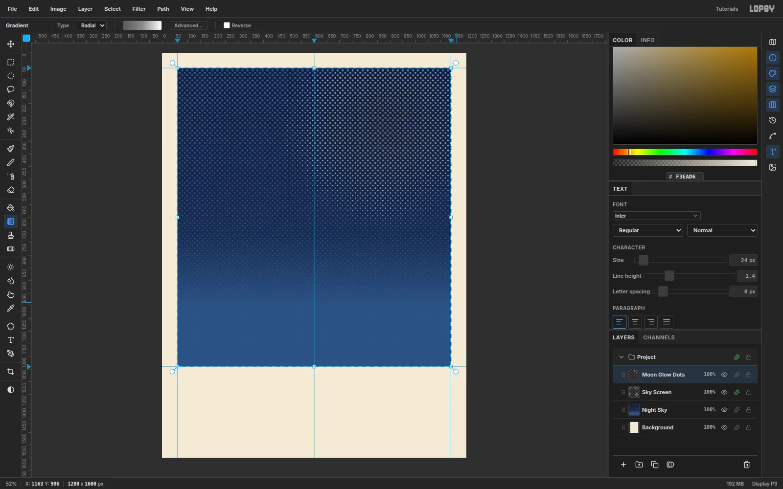 A radial black-to-white gradient centered on the upper right being turned into halftone dots that fade out away from the moon