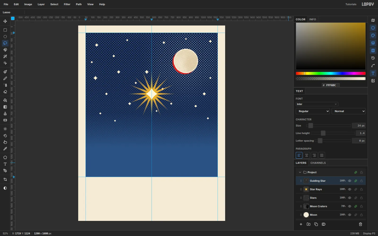Cream four-point sparkle stars across the sky and a large gold sunburst star in the upper middle with sixteen tapered rays