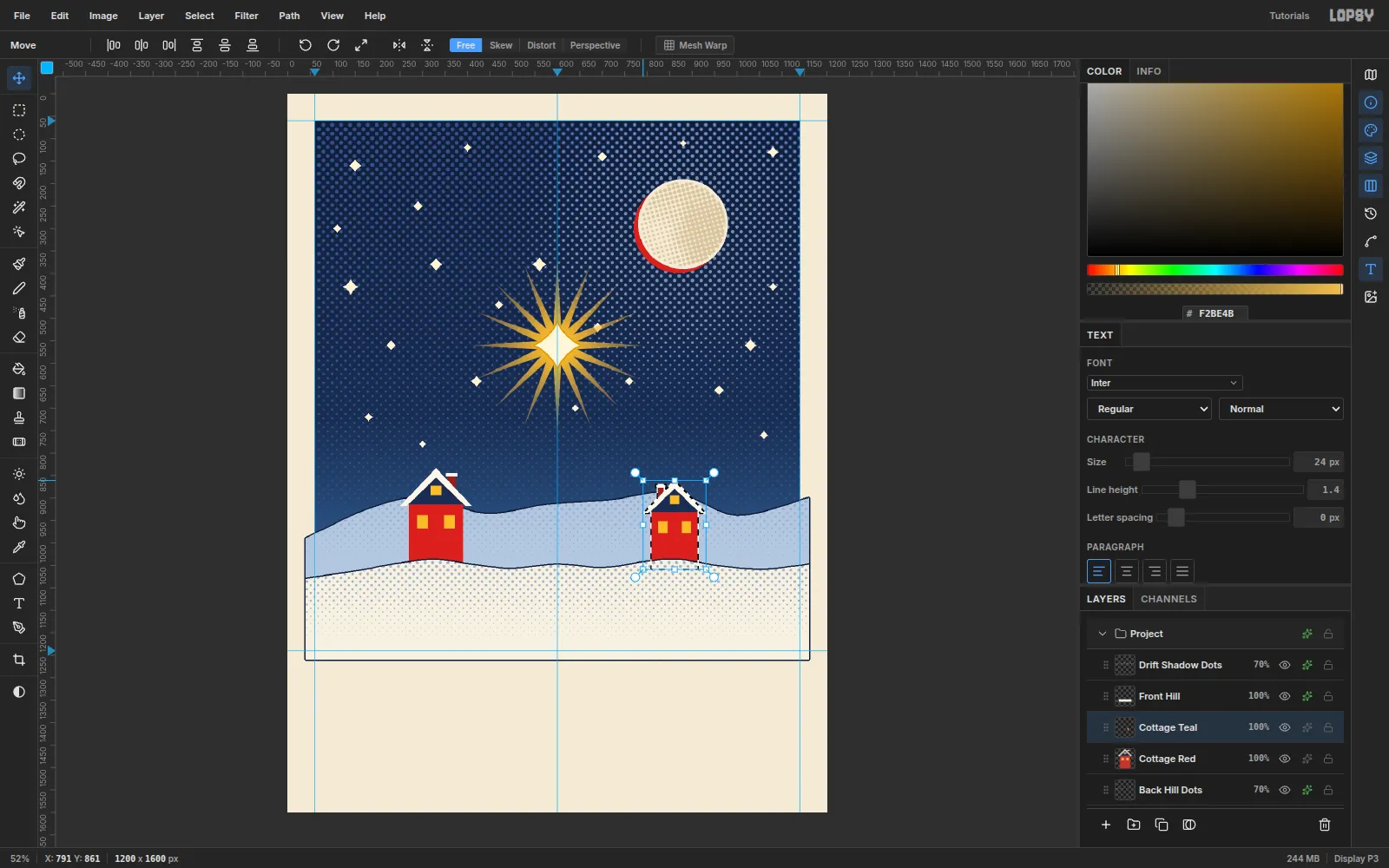 A pasted copy of the cottage, flipped so its chimney is on the left, moved to the right side and scaled down with the transform handles