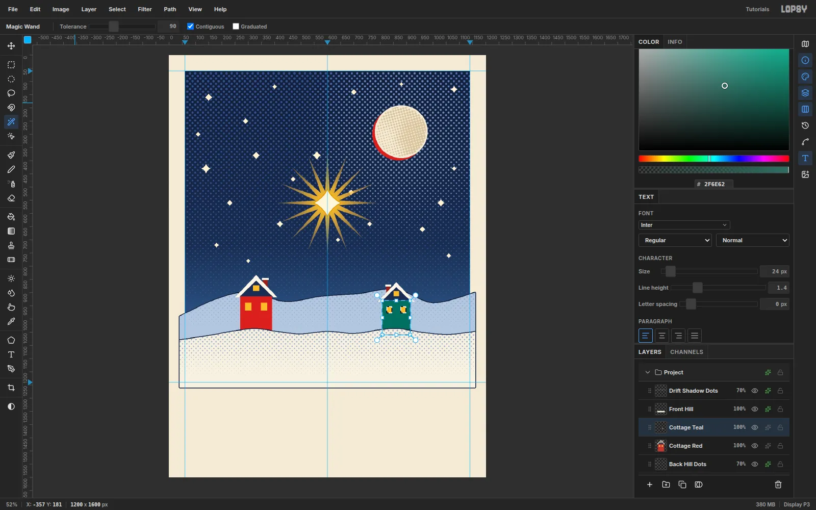 The Magic Wand selection around the walls of the flipped cottage, now filled teal, with the gold windows untouched
