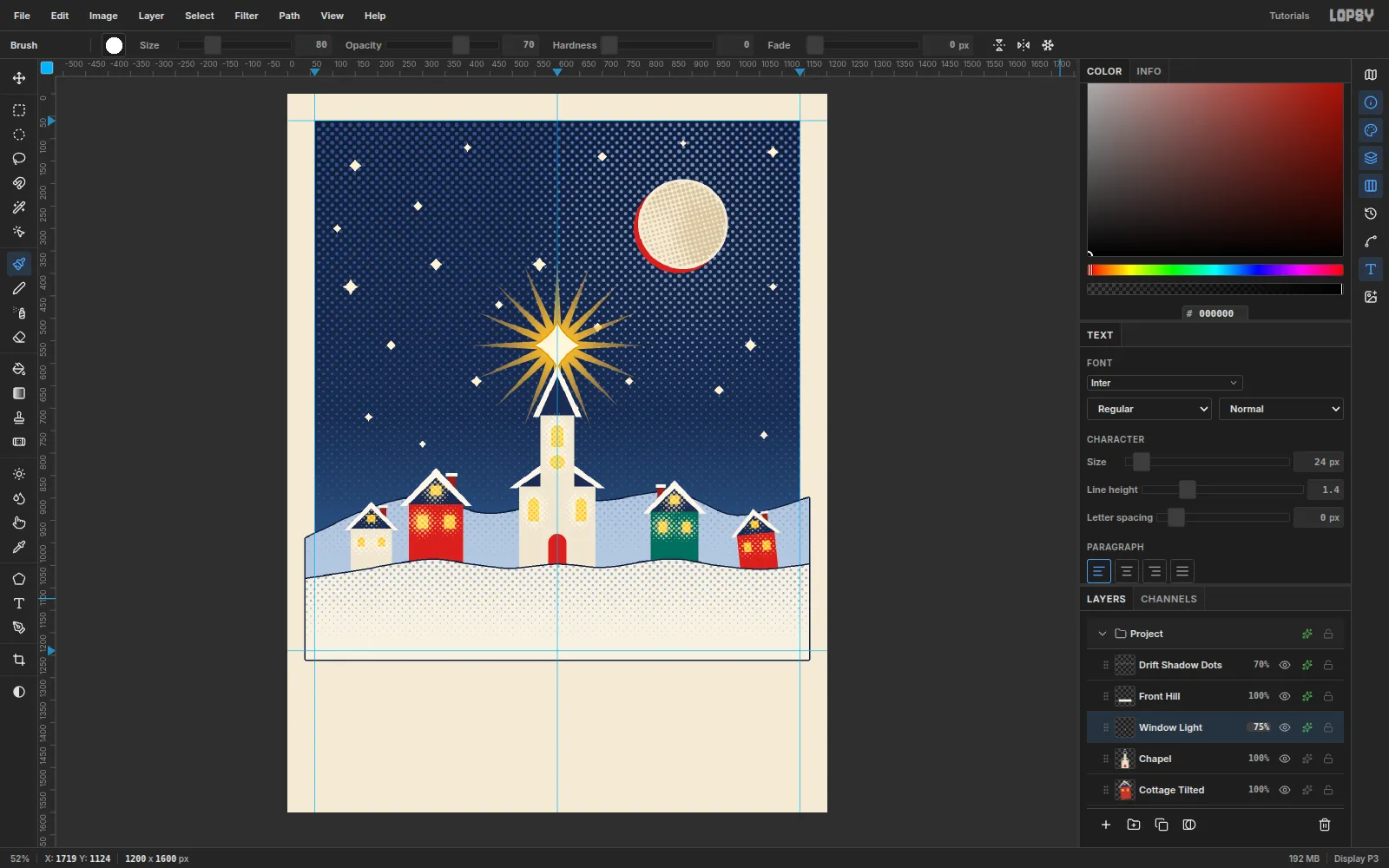 Clusters of gold halftone dots around each window, brightest at the window and thinning out into the walls