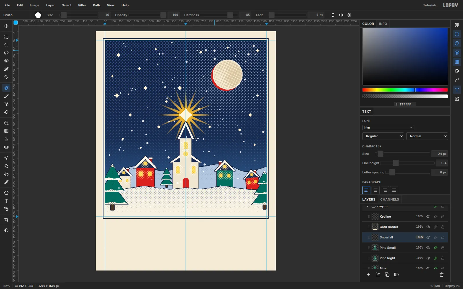 White snowflakes of three sizes falling across the sky, the moon and star left clear