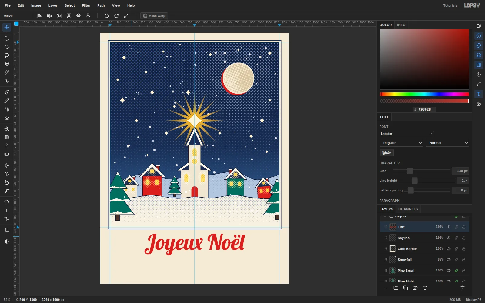 Joyeux Noël typed in red Lobster script, centered in the paper band under the picture