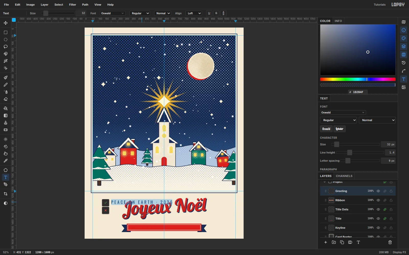 The greeting PEACE ON EARTH · 2026 in navy Oswald with all its characters highlighted by the text cursor's select-all