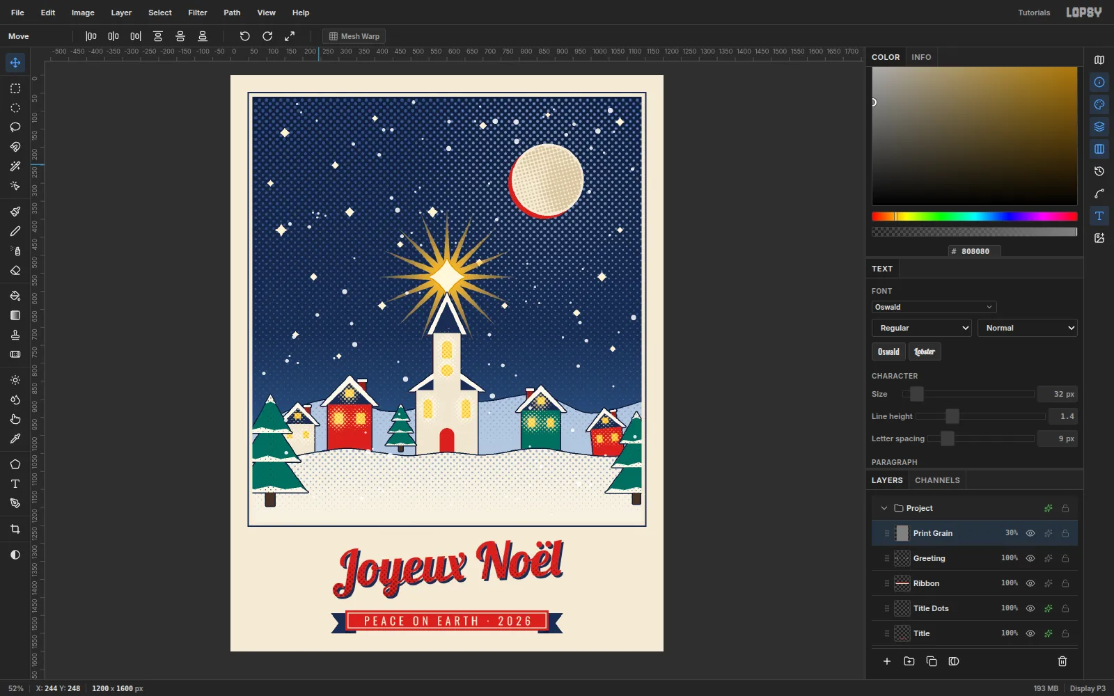 The finished card in the Lopsy editor with guides hidden and the full layer stack in the Layers panel