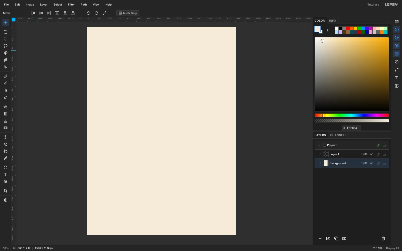 A new 1500 by 2100 pixel document with the whole canvas filled with warm cream paper