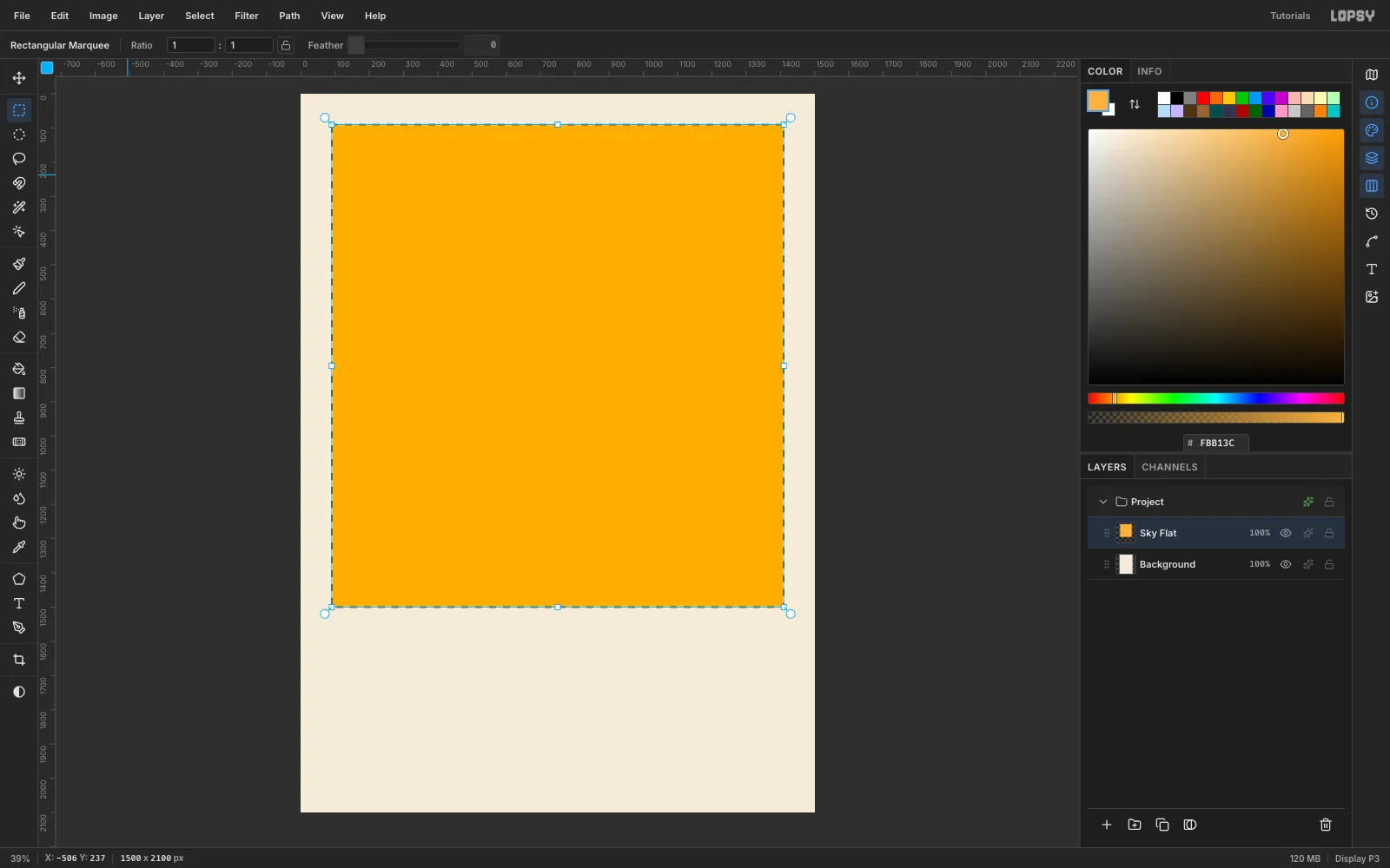 The picture rectangle filled flat with bright saffron yellow-orange, with the cream border still around it