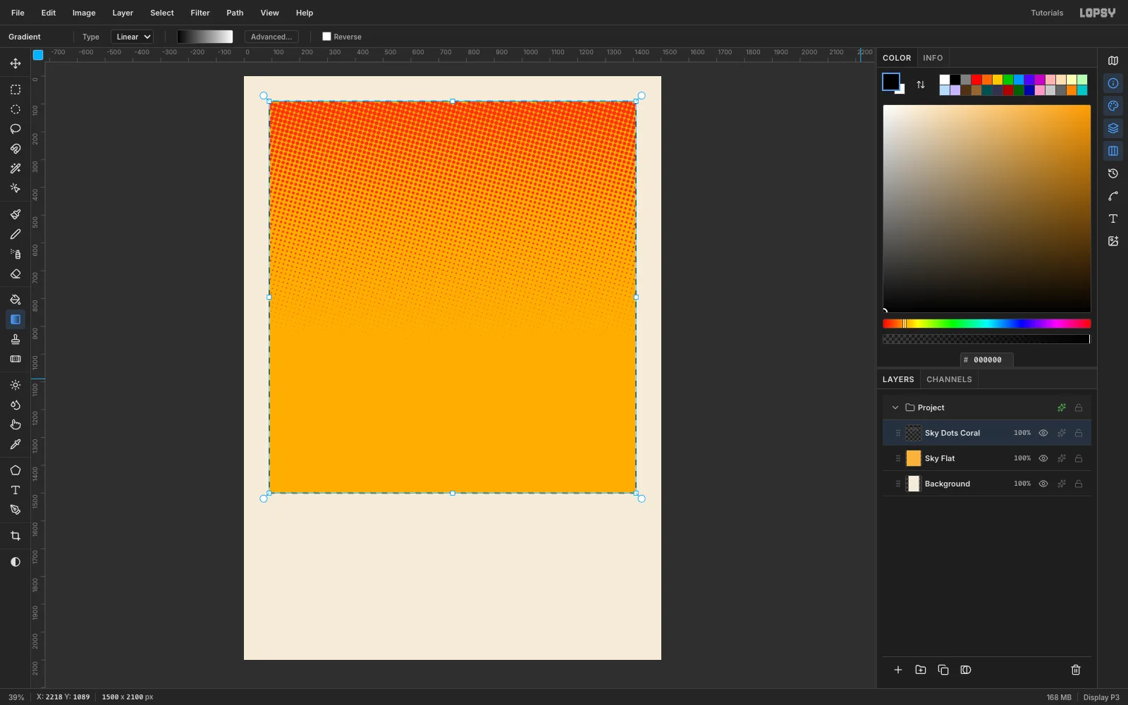 The saffron sky now covered by a rotated grid of coral dots that are fat at the top and shrink to nothing toward the middle