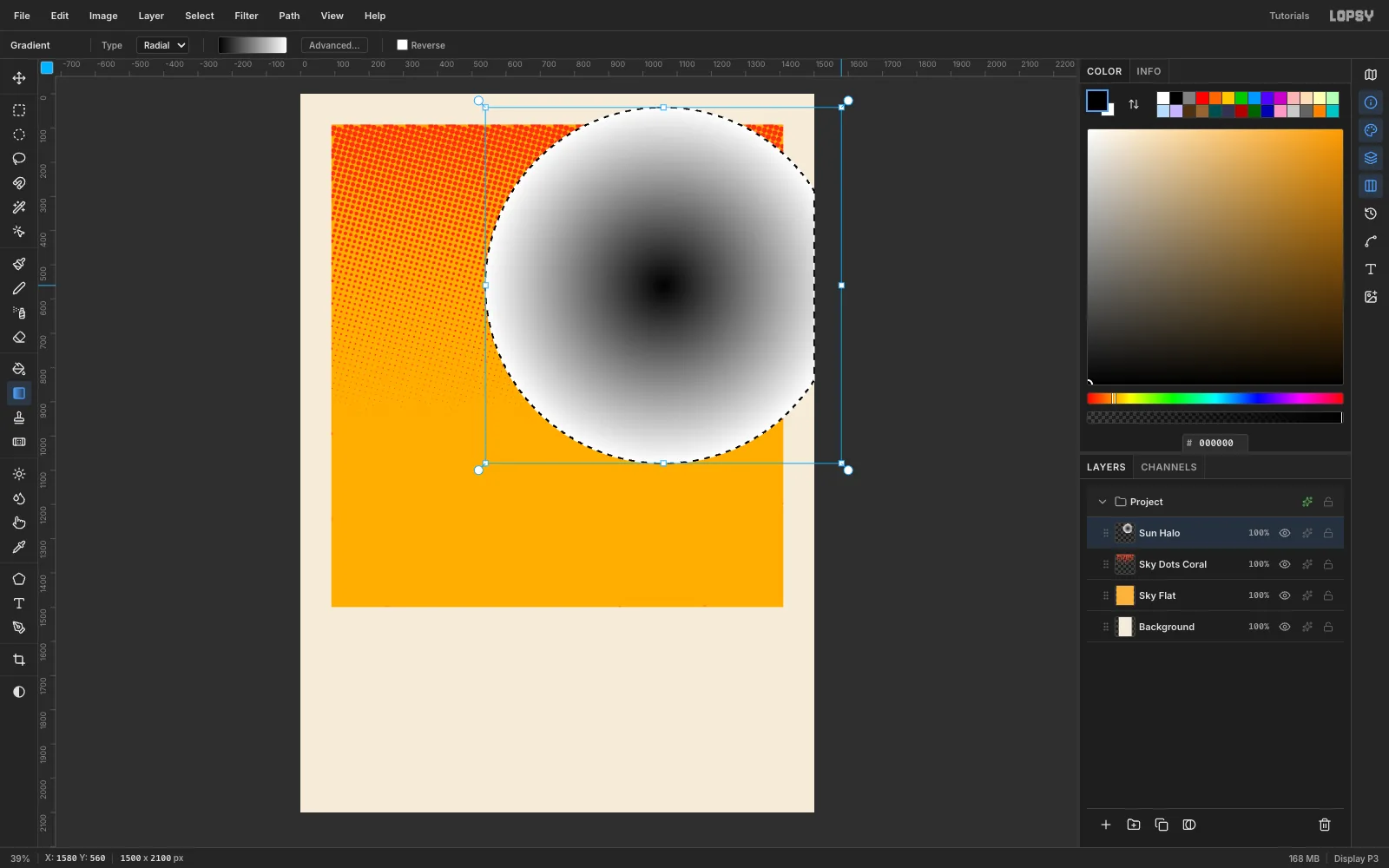 A circular selection in the upper right with a radial black-to-white gradient inside it, black in the middle and white at the edge