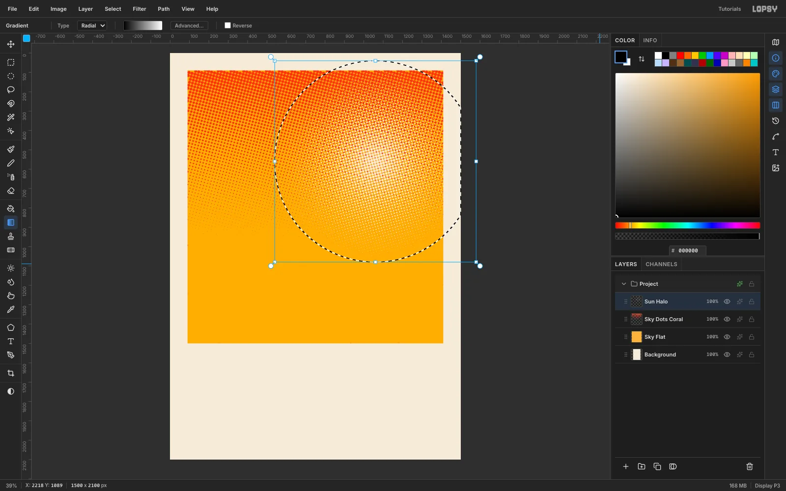 A big circle of cream halftone dots, fat in the middle and fading to nothing at the edge, floating over the saffron sky