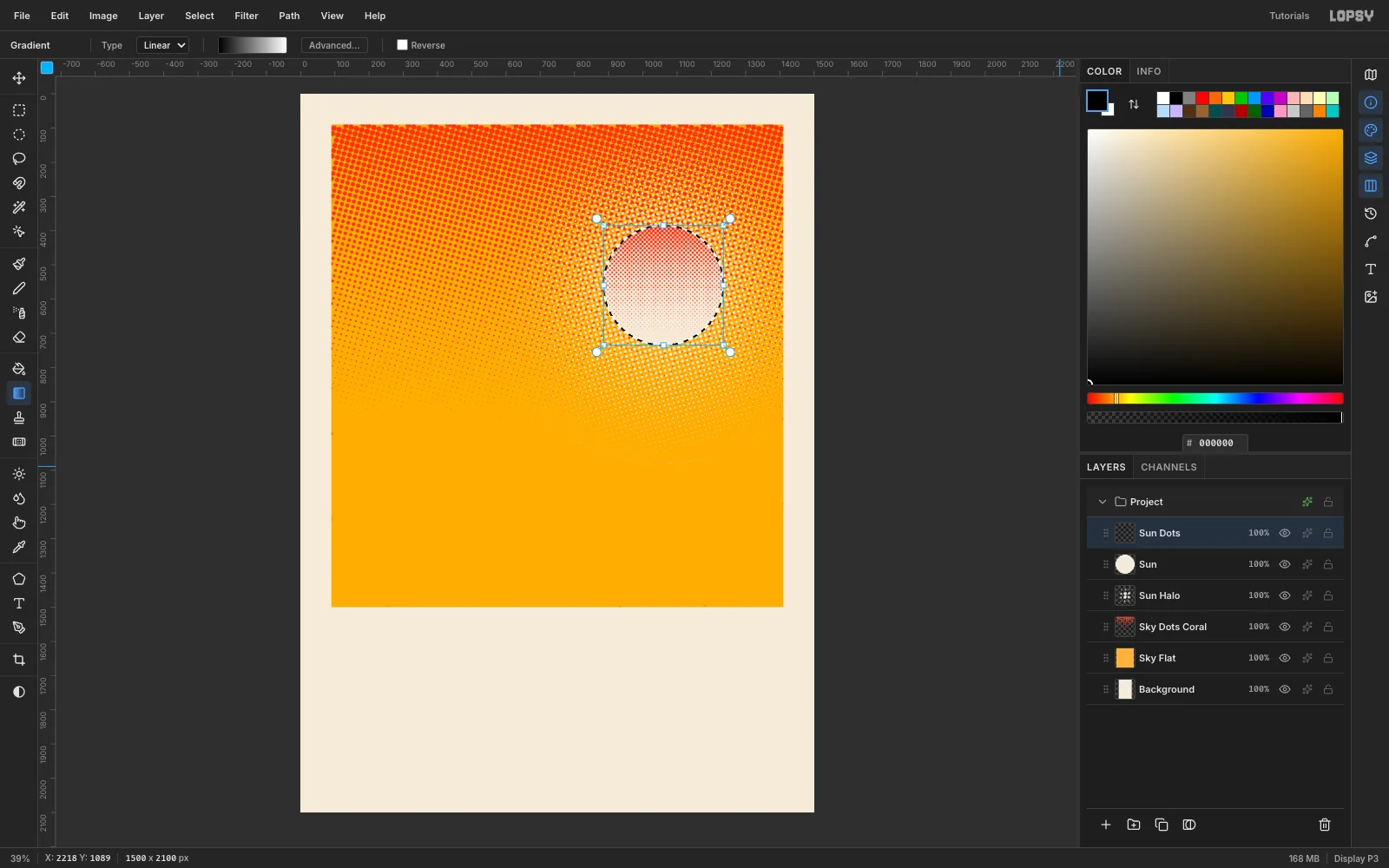The cream sun with coral dots that are big across its top and fade to plain cream toward the bottom edge