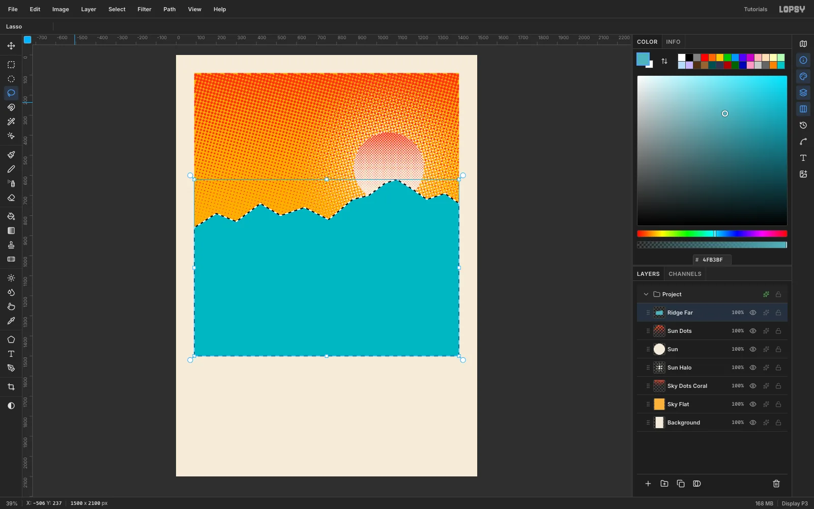 A lasso selection following a zigzag skyline of teal peaks across the middle of the picture, filled with solid teal